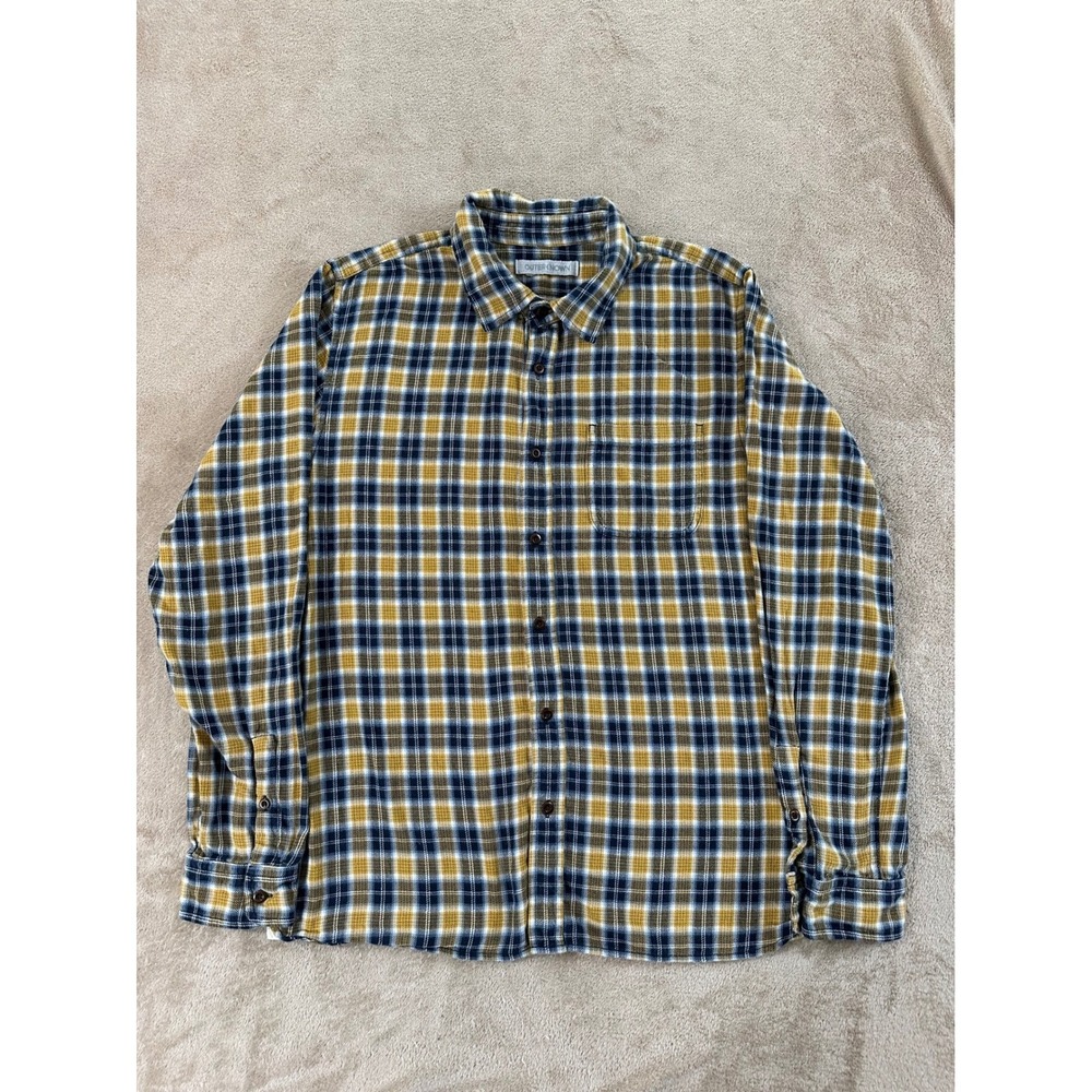 Outerknown Flannel Shirt Mens size L Mustard Navy Blue Plaid organic cotton EUC